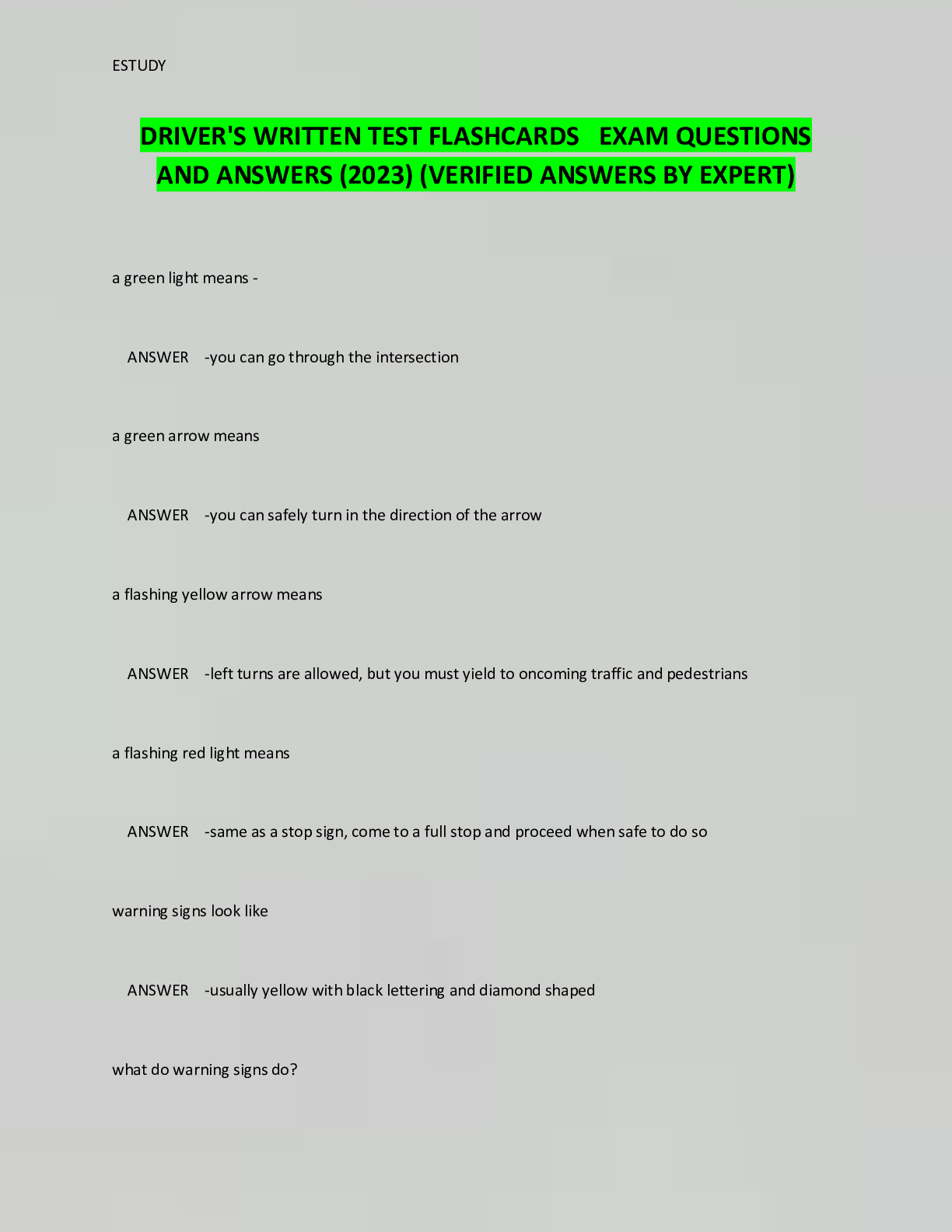 DRIVER'S WRITTEN TEST FLASHCARDS EXAM QUESTIONS AND ANSWERS (2023